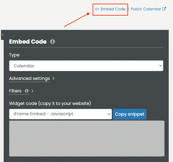 print screen of embed code settings to embed your calendar