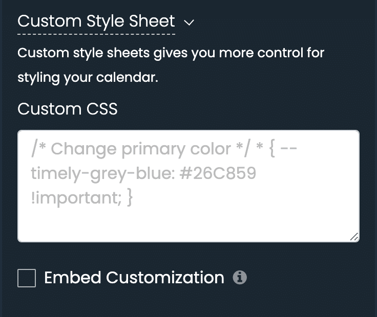 print screen of timely dashboard custom style sheet settings