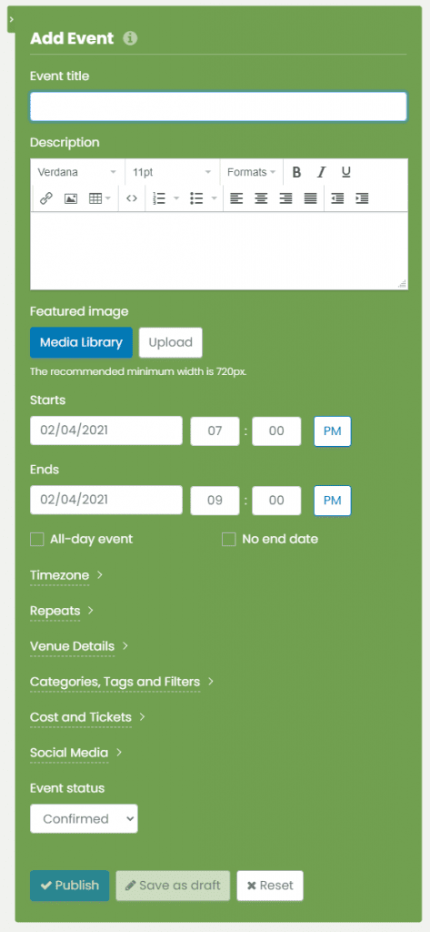 print screen of timely dashboard create an event content options