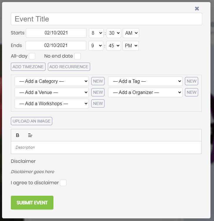 print screen of the front end submission form in the public events calendar
