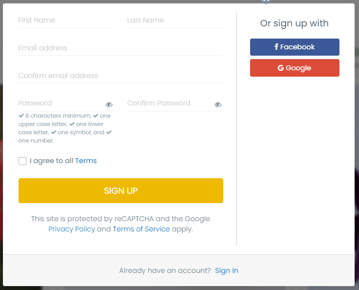 print screen of the sign up popup where the submitter can create an account to add events to your public calendar