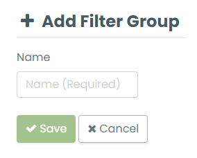  print screen of the “Add a Filter Group” area where you can type a name for a new filter group and click the Save button to confirm the action 