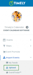 print screen of the Timely Calendar Menu with the Upload option marked with a green square around it