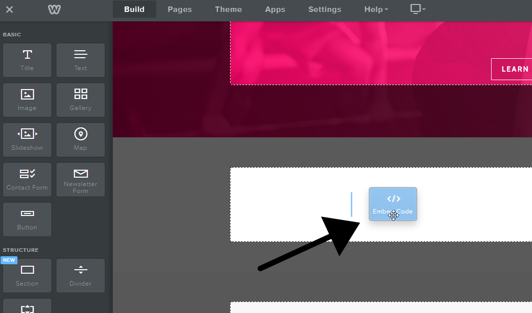 print screen of weebly dashboard showing where to add the embed code 