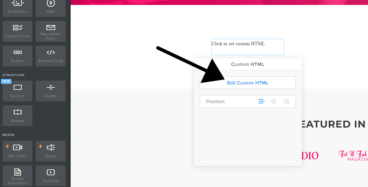 print screen of weebly dashboard showing where to edit custom HTML