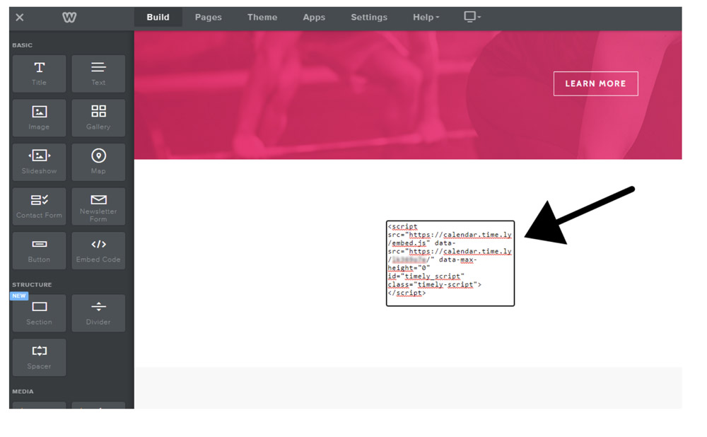 print screen of weebly dashboard showing how to add the embed code 