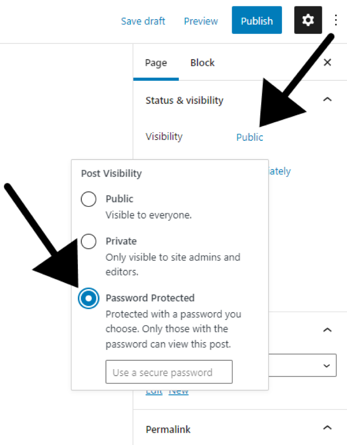 print screen of WordPress visibility page options