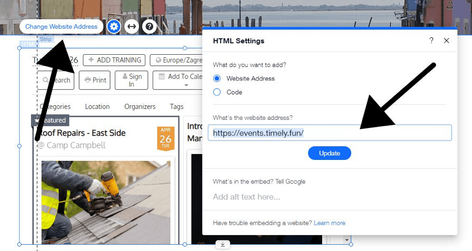 print screen of Wix embed options