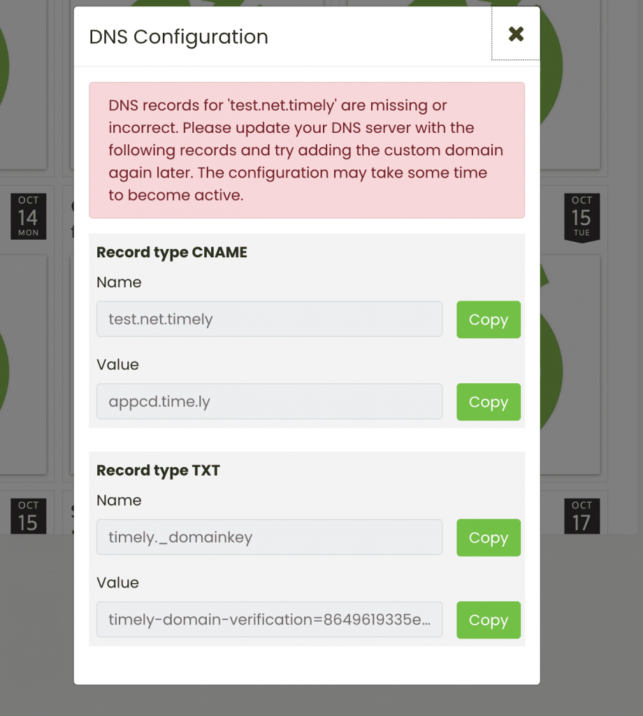 DNS Configuration pop-up within custom subdomain settings.