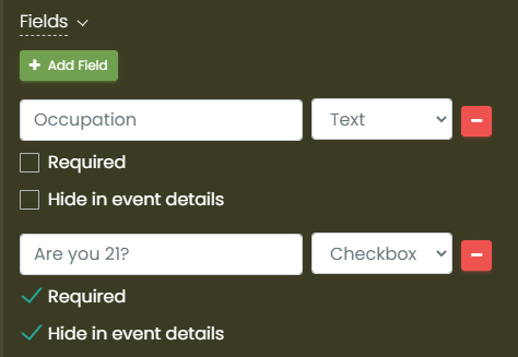 print screen of some examples in the Fields area in Event Submission Form settings