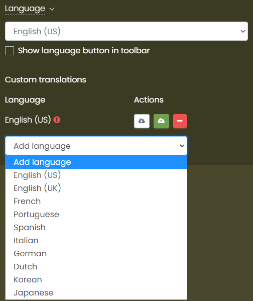 print screen of the Language settings where it is possible to add a custom translation