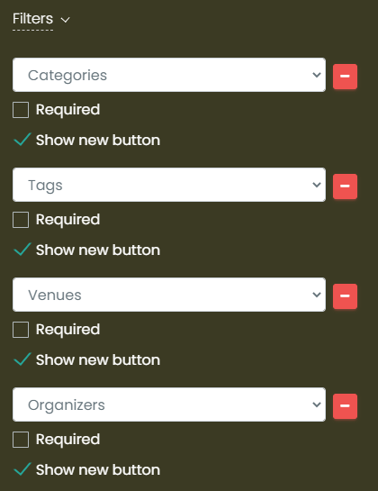 print screen of Filters options in the Event Submission Form settings
