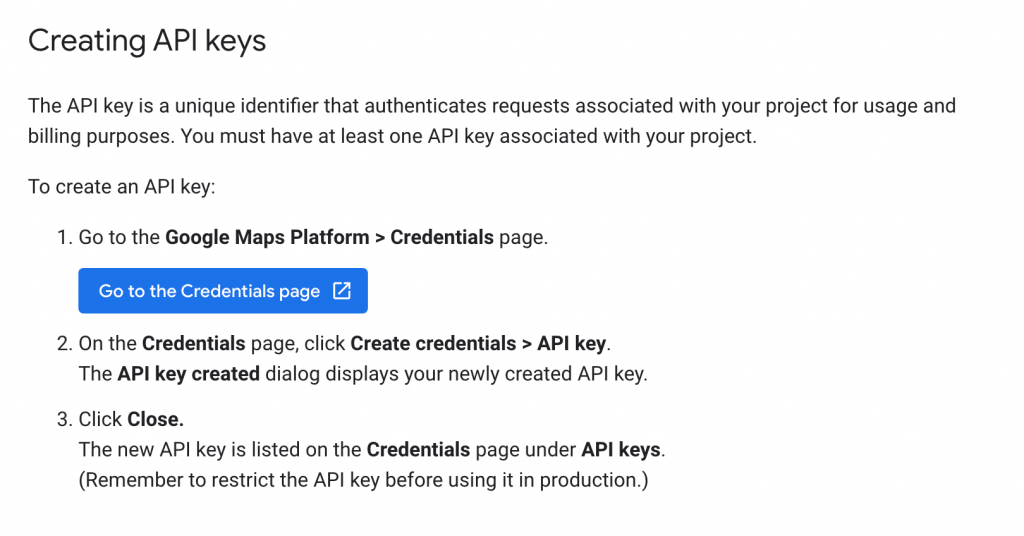 Print screen of Google Maps API Key instructions from Google 