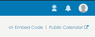 print screen of the top right corner of the dashboard where you can find the link for your Public Calendar