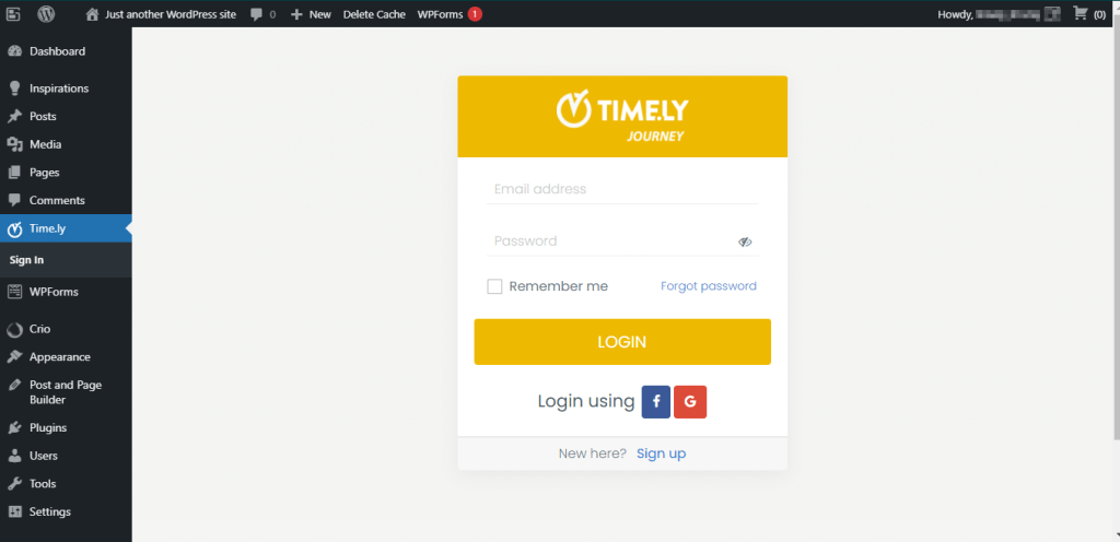 print screen of the All-in-One Event Calendar plugin login page inside the WordPress dashboard