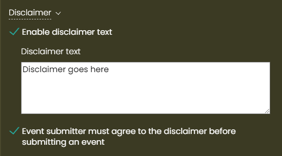print screen of the Disclaimer area in Event Submission Form settings