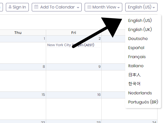 print screen of the calendar public language button in toolbar
