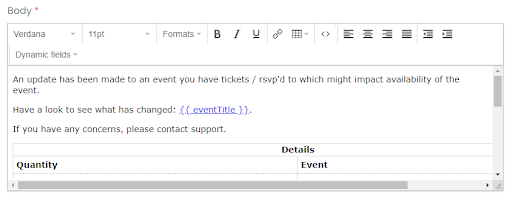 print screen of the body section of the Event Changes Notification Template in the Email Templates of the Setting area in the dashboard