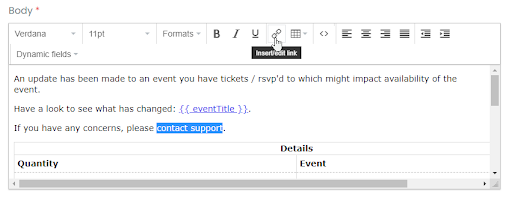 print screen of the body section of the Event Changes Notification Template in the Email Templates of the Setting area in the dashboard with the contact support part selected