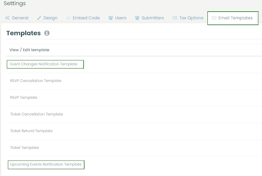 print screen of the email templates menu with the event changes notification template and the upcoming events notification template highlighted.