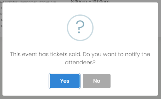 print screen of the popup that will alert you if you want to send an email to your customers to let them know changes were made in an event