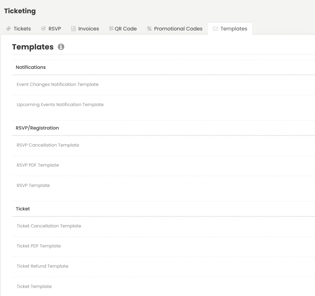 imprimir pantalla de Timely página de plantillas de RSVP de venta de entradas de software de eventos