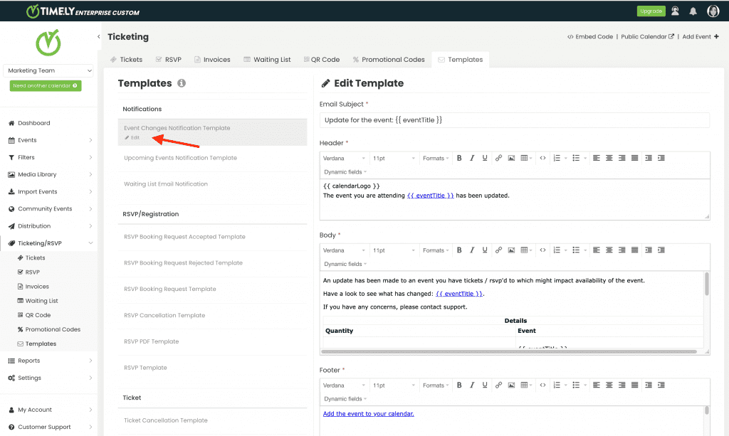 The email templates tab within Timely dashboard Ticketing/RSVP area.