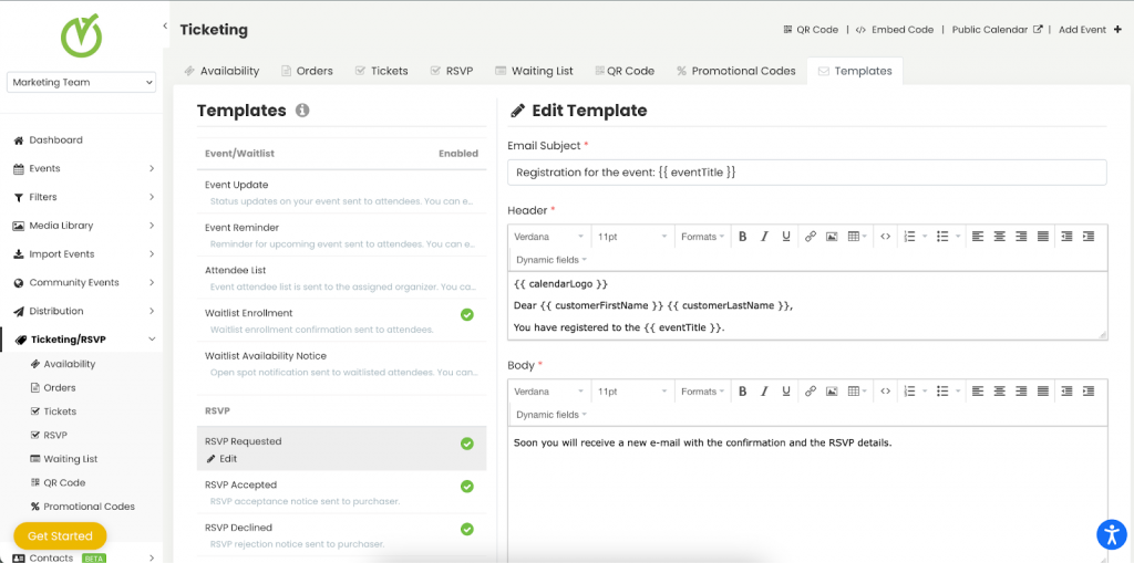 Print screen of Timely Event Management Software highlighting where to edit pdf templates