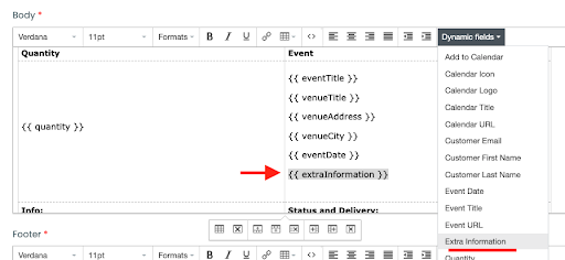 RSVP 電子メール テンプレートをカスタマイズして仮想イベント URL を追加するための領域の画面を印刷します。