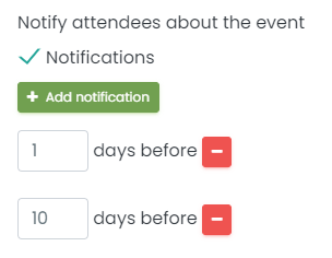 print screen of two notifications before the event, one for letting the customer know about the upcoming event 1 day before the event and another for 10 days before the event 
