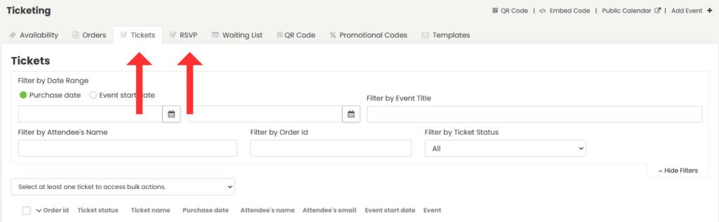 Overview of Ticketing ans RSVP tabs within Timely dashboard.