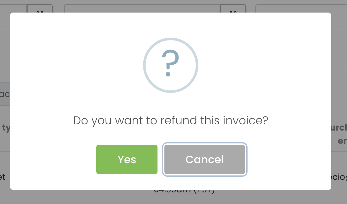  print screen of the pop-up message asking for confirmation before refunding an invoice 