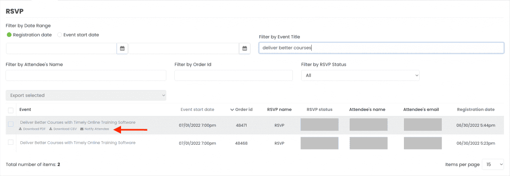 The option to notify an attendee by email from the RSVP tab.