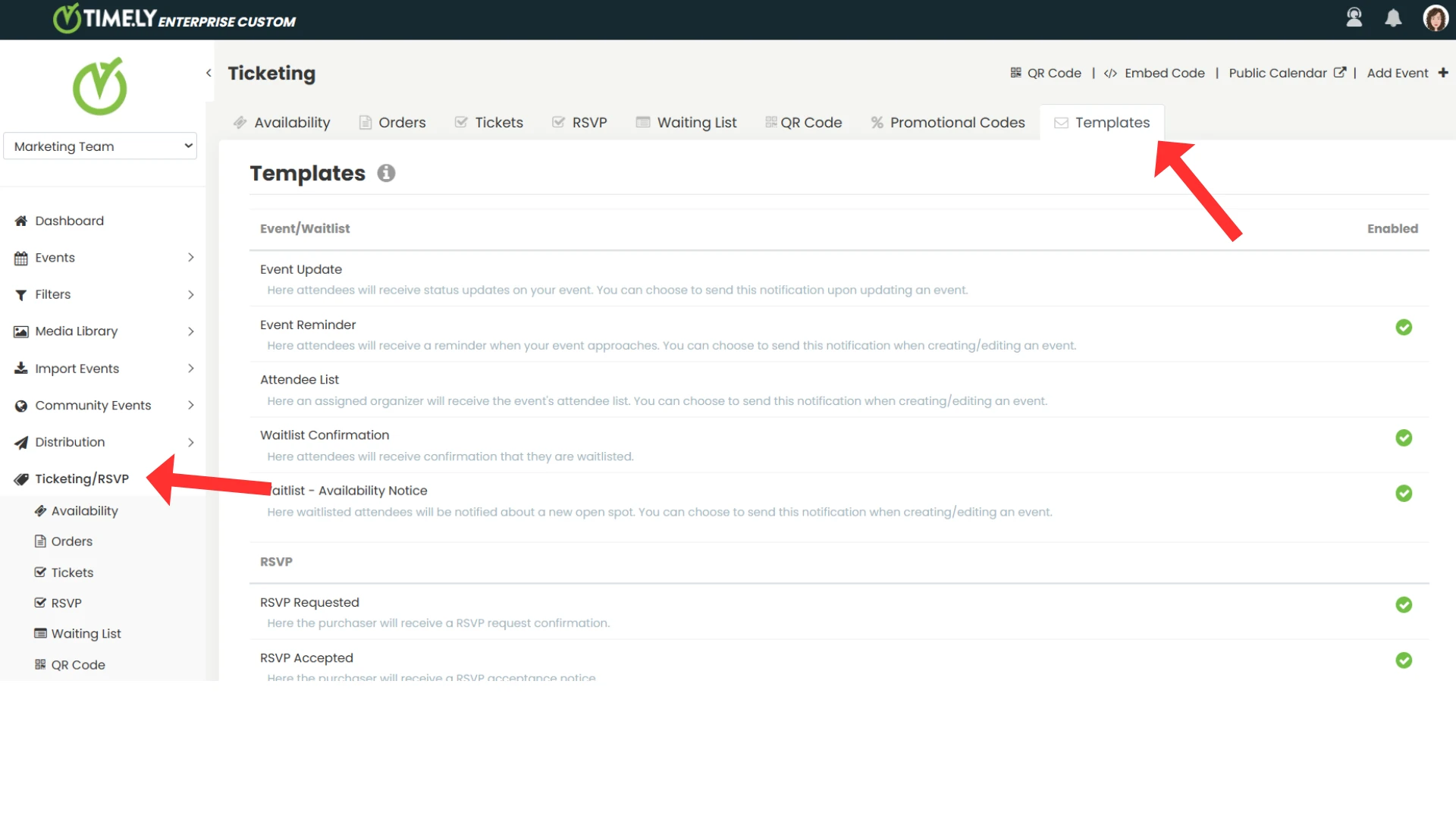 Timely dashboard overview of Ticketing/RSVP Email templates area.