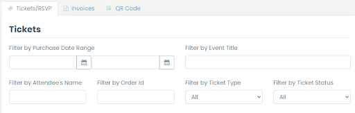 print screen of the Tickets/RSVP tab with the filter options to find a specific ticket or RSVP