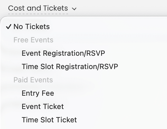 Cost and Tickets dropdown menu options