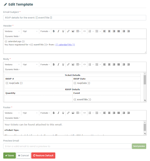 Print screen of the Edit Template of the RSVP in the Templates area,  in the Settings menu of the dashboard of the Timely Event Management Software