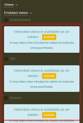 print screen of the General tab, highlighting where the user can upgrade to the Extended Views Add-on in the Settings menu of the dashboard of the Timely Event Management Software 