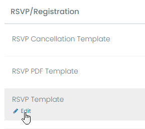 print screen of the RSVP Template edit option in the Templates section, in the Settings menu of the dashboard of the Timely Event Management Software