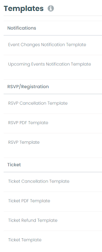  print screen of the Email Templates edit options,  in the Settings menu of the dashboard of the Timely Event Management Software