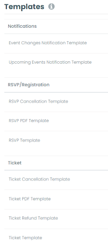 print screen of the Templates tab on the Settings Menu of the Timely Event Management Software