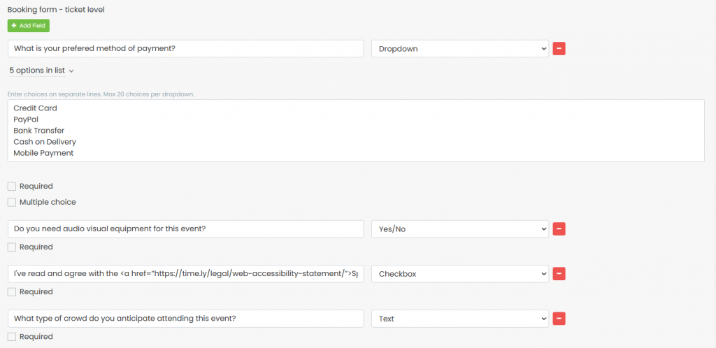 print screen Timely event management platform showing the custom fields available to create an event booking form