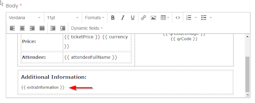 print screen of the area where you can customize the body of your Ticket PDF Template to add the extra information dynamic field