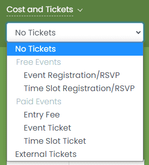 print screen of the Cost and Tickets menu in the Published tab in the Events menu