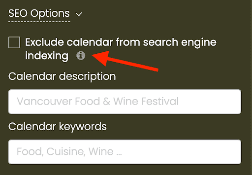 print screen of Timely dashboard SEO Options settings, pointing to the checkbox to confirm if calendar is searchable.