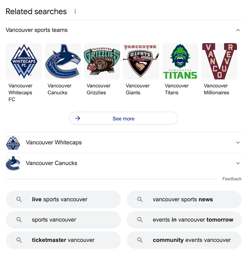 Google related searches suggestions when you search the keyword sports events in Vancouver 