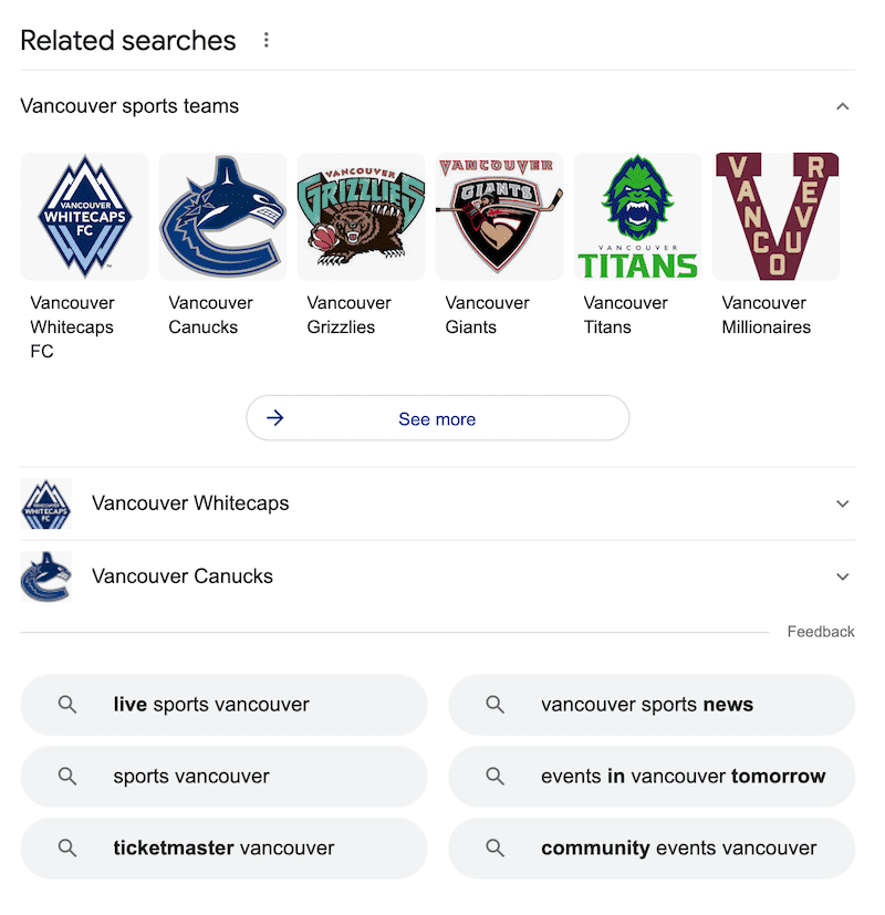 バンクーバーでスポーツ イベントというキーワードを検索すると、Google 関連の検索候補が表示されます