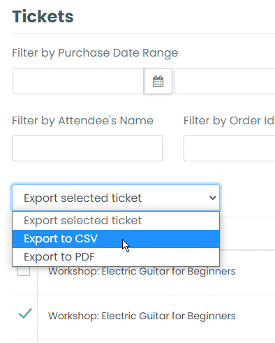 特定のチケットの CSV をダウンロードするためにクリックする場所を示す「チケット」タブの印刷画面