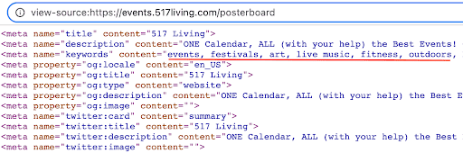 print screen of a website source code with calendar keywords added