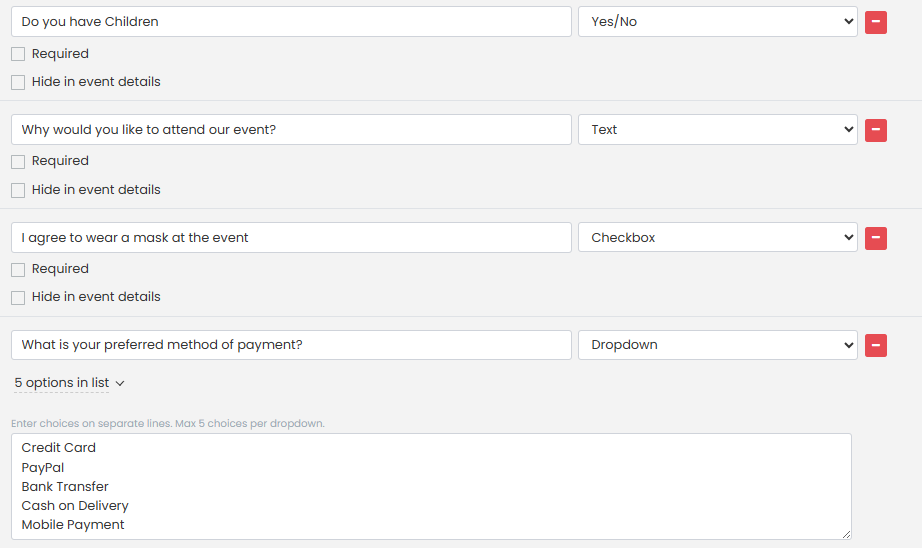 Example of Timely custom field questions and answer type options.